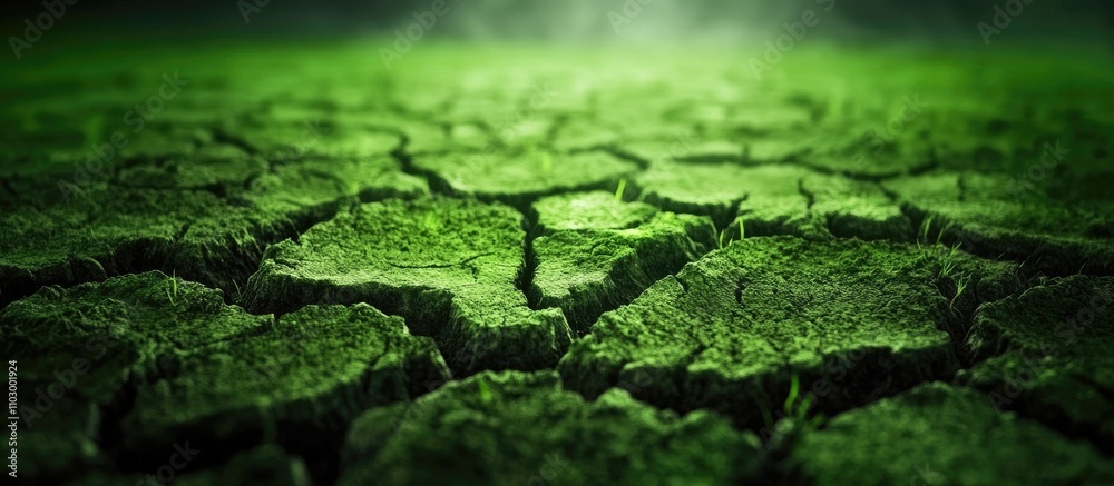 Degraded ecosystem illustrating the impact of drought and climate change on arid landscapes with cracked earth and fading greenery Degraded ecosystem illustrating the impact of drought and climate change on arid landscapes with cracked earth and fading greenery