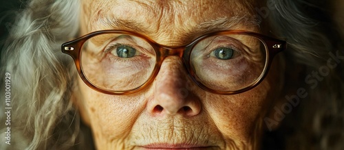 Elderly woman's close-up portrait showcasing wisdom confidence and natural beauty with glasses and a slight smile that inspires empowerment photo