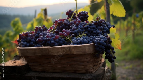 Freshly harvested grapes in a wicker basket against a picturesque vineyard backdrop during golden hour. Perfect for agricultural themes. photo