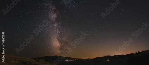 Stunning panorama of a starry night sky showcasing the Milky Way and cosmic beauty over a tranquil landscape in darkness