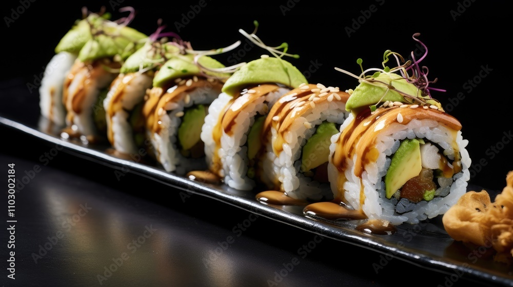 Crispy truffle mushroom sushi roll with avocado cucumber and eel sauce served in a black takeout container with ginger on the side Crispy truffle mushroom sushi roll with avocado cucumber and eel sauce served in a black takeout container with ginger on the side