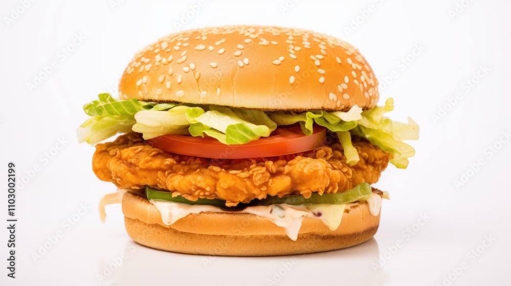 Crispy chicken burger with fresh vegetables and sauce on a sesame seed bun against a clean white background Crispy chicken burger with fresh vegetables and sauce on a sesame seed bun against a clean white background