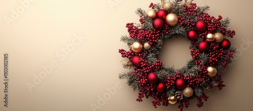 Christmas wreath adorned with gold and red ornaments against a warm beige backdrop for festive home decor inspiration photo