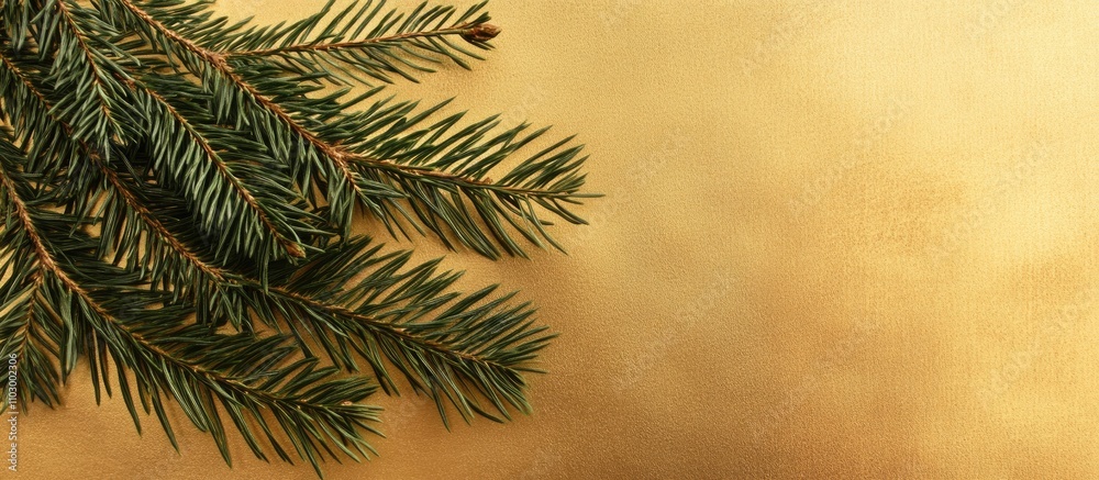Spruce branch on a shimmering gold background with ample space for personalized text or messages
