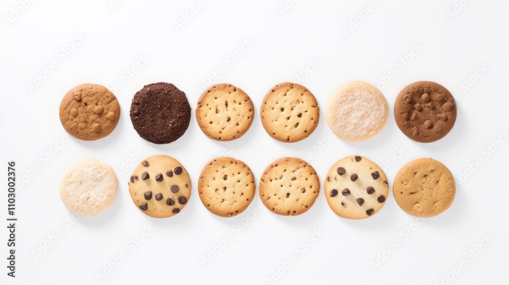 Variety of delicious cookies arranged in a row on a clean white background appealing to dessert lovers and baking enthusiasts Variety of delicious cookies arranged in a row on a clean white background appealing to dessert lovers and baking enthusiasts