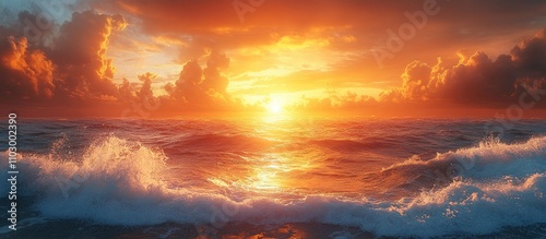 Serene sunrise illuminating the ocean with vibrant colors and gentle waves creating a tranquil coastal atmosphere. photo