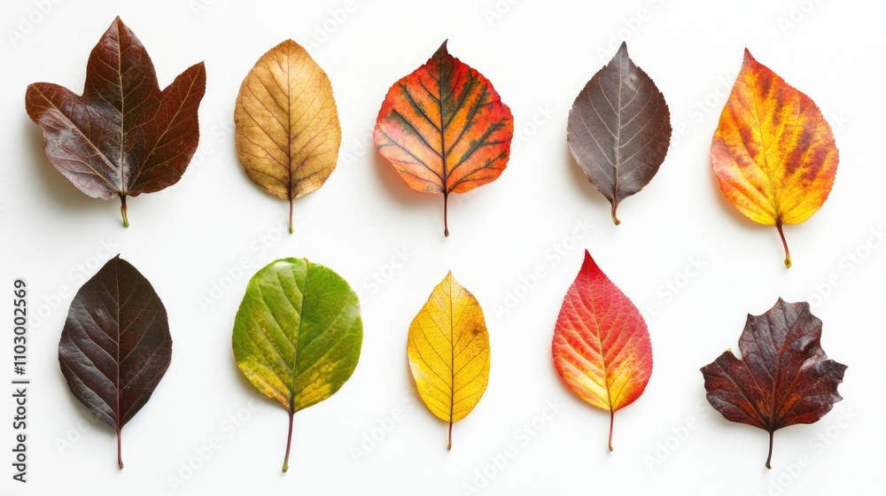 Obraz premium Vibrant autumn leaves arranged in a grid showcasing diverse colors against a clean white background for seasonal themes.