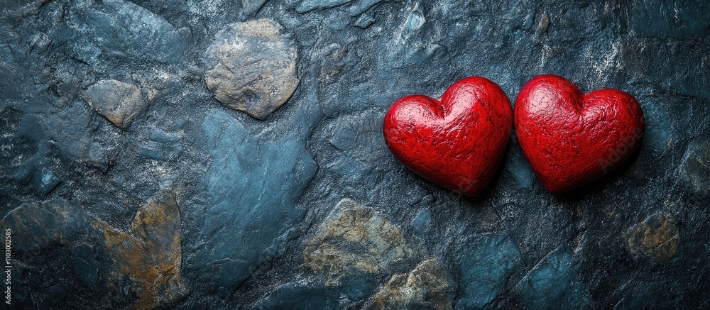 Obraz premium Vibrant red heart decorations on a textured stone background symbolizing love and affection with a blank space for creativity