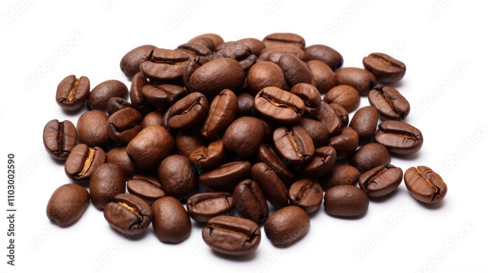Naklejka premium Roasted coffee beans displayed on a clean white background highlighting their rich texture and aroma for advertising or culinary purposes