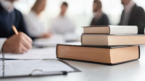 Tax regulation concept. A consultant reviewing the latest tax regulations with a legal team, with books and government policy papers on the table