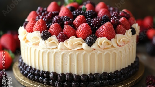 Elegant whole cake adorned with fresh strawberries and blackberries showcasing intricate fruit designs and creamy decorations.