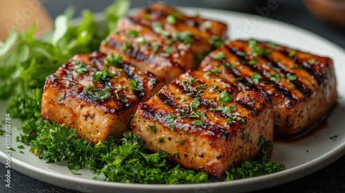 Grilled Pork Chops with Herb Garnish Served on a Bed of Fresh Greens Delicately Plated for Culinary Presentation