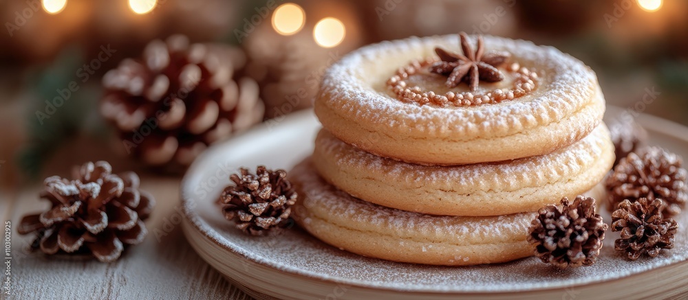 Vanilla kipferl cookies arranged on a rustic plate with festive pinecones and warm Christmas lights in a cozy holiday setting Vanilla kipferl cookies arranged on a rustic plate with festive pinecones and warm Christmas lights in a cozy holiday setting