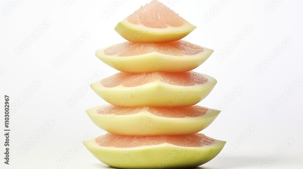 Pomelo slices stacked in a lucky symbol formation on a white background with selective focus highlighting the fruit's texture and color Pomelo slices stacked in a lucky symbol formation on a white background with selective focus highlighting the fruit's texture and color