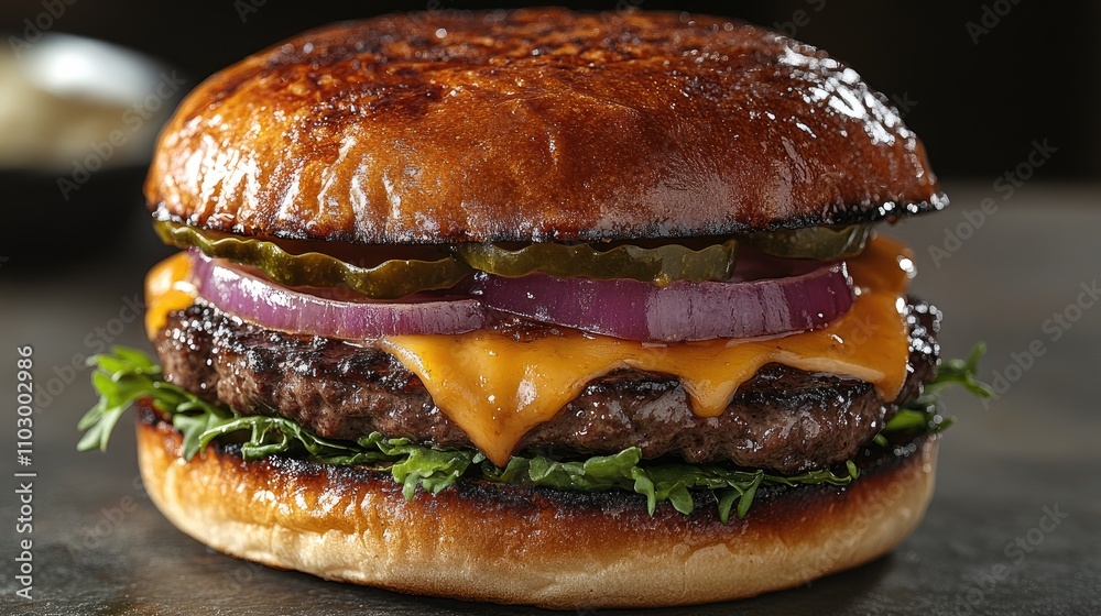 Classic cheeseburger with melted cheese pickles and fresh onions served on a toasted bun isolated on dark background Classic cheeseburger with melted cheese pickles and fresh onions served on a toasted bun isolated on dark background