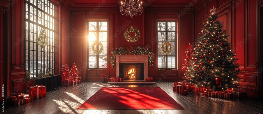 custom made wallpaper toronto digitalElegant red Christmas interior with a decorated tree, cozy fireplace, and festive decor illuminated by warm sunlight.