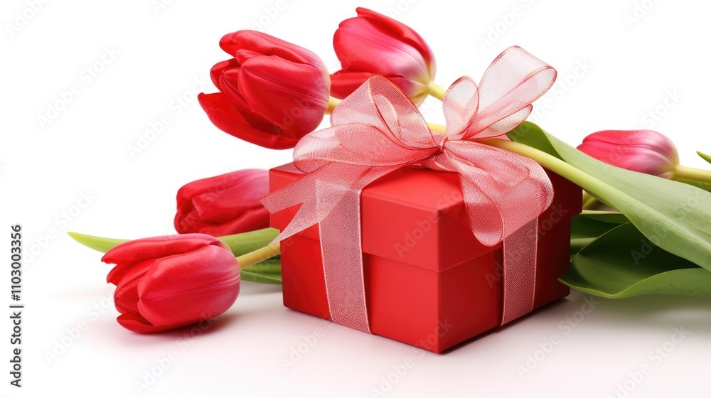 Red tulips and a beautifully wrapped gift box on a pristine white background symbolizing love and celebration. Red tulips and a beautifully wrapped gift box on a pristine white background symbolizing love and celebration.