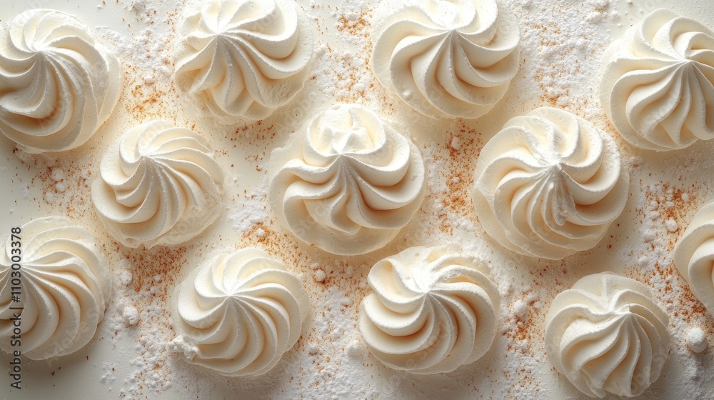 Delicate swirls of mini meringues arranged artistically on a bright white background for culinary presentation or dessert concepts Delicate swirls of mini meringues arranged artistically on a bright white background for culinary presentation or dessert concepts