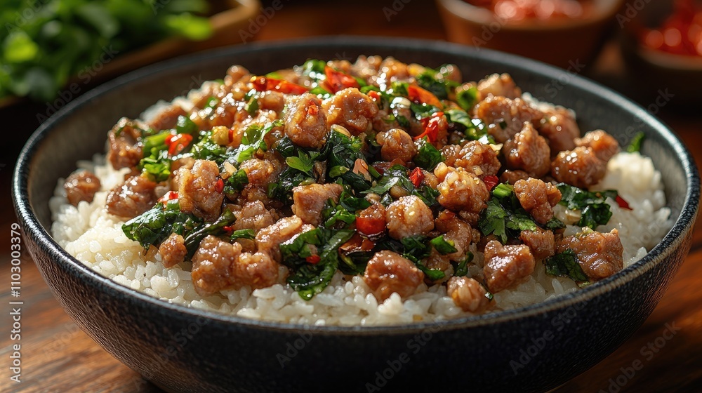 Spicy Stir Fried Pork with Holy Basil and Bamboo Shoots Served over Rice in a Rustic Bowl Spicy Stir Fried Pork with Holy Basil and Bamboo Shoots Served over Rice in a Rustic Bowl