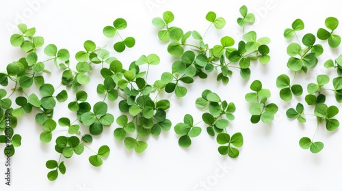 Vibrant green clover leaves arranged artistically on a clean white background for fresh and natural visual appeal.