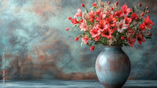 Wallpaper Mural Elegant vase with vibrant artificial flowers against a textured backdrop ideal for displaying text or artwork in a professional setting Torontodigital.ca