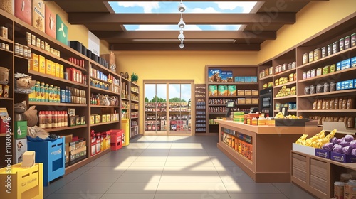 58.A 3D realistic model of a pet shop, designed in brown and yellow hues, with aisles full of pet food, toys, and accessories. The shop features detailed displays, including colorful product