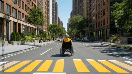 Accessible urban landscape with crosswalk and curb ramps promoting wheelchair friendly mobility and inclusive community design for a diverse range of users photo