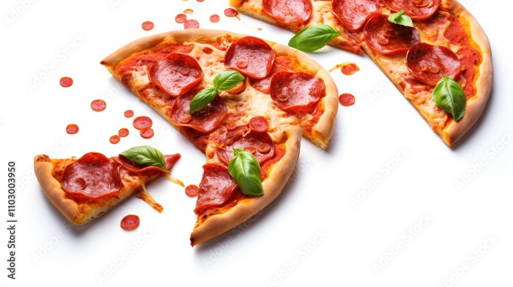 Pepperoni pizza slices with olives and fresh basil leaves in motion against a white background showcasing delicious gooey cheese and vibrant toppings Pepperoni pizza slices with olives and fresh basil leaves in motion against a white background showcasing delicious gooey cheese and vibrant toppings