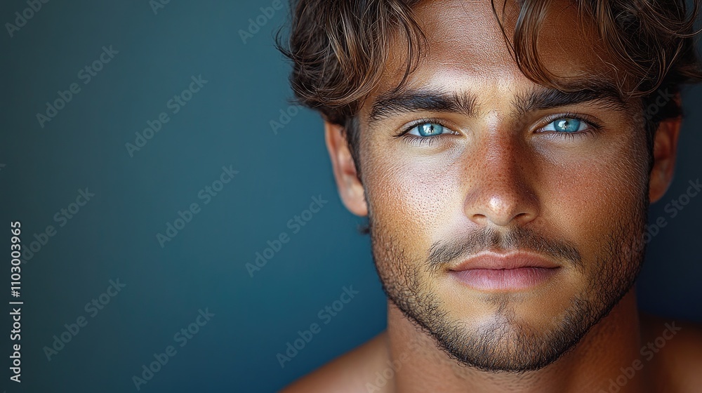 Naklejka premium Handsome young man with an attractive physique and captivating blue eyes gazing confidently at the camera in natural light