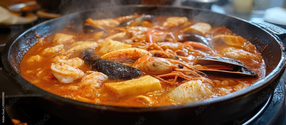 Seafood Nurungji Stew with Cabbage Kimchi in Traditional Korean Cuisine Hot Pot Seafood Nurungji Stew with Cabbage Kimchi in Traditional Korean Cuisine Hot Pot