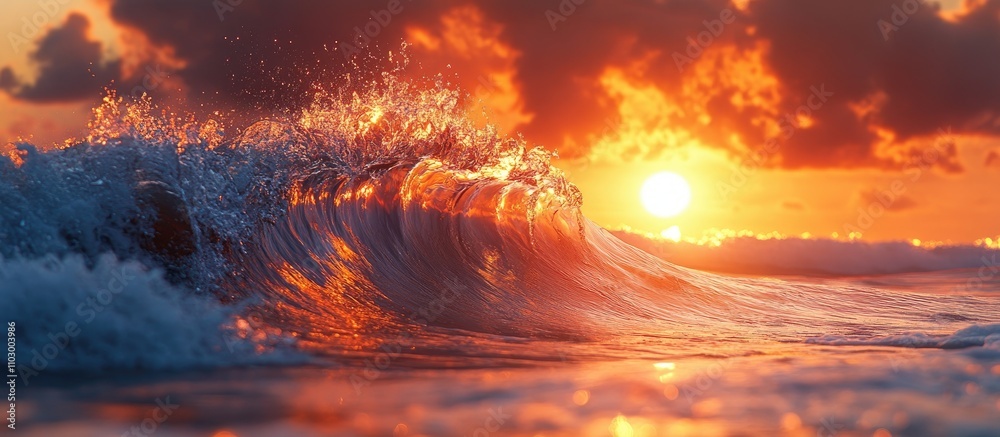 Fototapeta premium Dramatic sunset waves crashing on the shore with vibrant colors and reflections creating a mesmerizing coastal scene