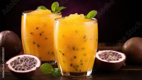 Refreshing iced passion fruit juice served in stylish glasses with mint garnish, showcasing a nutritious beverage for summer enjoyment.