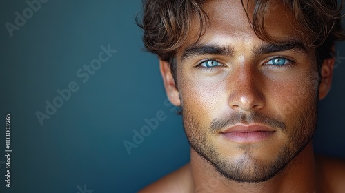 Handsome young man with an attractive physique and captivating blue eyes gazing confidently at the camera in natural light