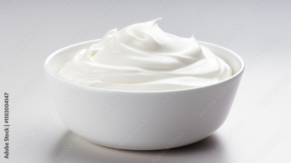 Creamy sour cream or yogurt elegantly displayed in a smooth white bowl on a minimalist background ideal for culinary or health themes Creamy sour cream or yogurt elegantly displayed in a smooth white bowl on a minimalist background ideal for culinary or health themes