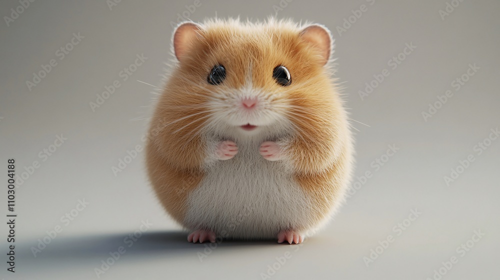 110.A realistic 3D rendering of a cute, round hamster with fluffy fur and a mischievous expression, standing on a plain, isolated background. The hamster tiny paws and bright eyes give it a playful 110.A realistic 3D rendering of a cute, round hamster with fluffy fur and a mischievous expression, standing on a plain, isolated background. The hamster tiny paws and bright eyes give it a playful