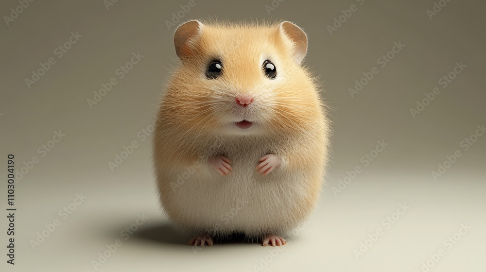 110.A realistic 3D rendering of a cute, round hamster with fluffy fur and a mischievous expression, standing on a plain, isolated background. The hamster tiny paws and bright eyes give it a playful 110.A realistic 3D rendering of a cute, round hamster with fluffy fur and a mischievous expression, standing on a plain, isolated background. The hamster tiny paws and bright eyes give it a playful