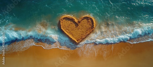Heart shape drawn in sand by the sea Aerial view of beach scene symbolizing love and summer vacation ambiance