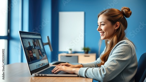Video conferencing, online meetings, business meeting, A webinar is a presentation, meetings, or Smiling Woman Working on a Laptop in Modern Office