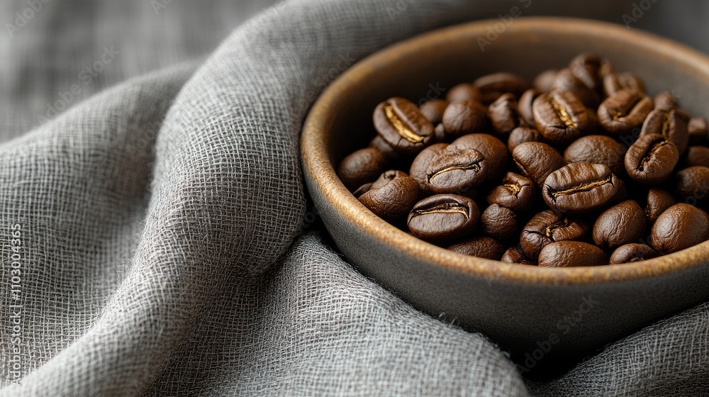 Fototapeta premium Coffee beans in rustic bowl on soft gray fabric showcasing rich textures and natural tones in a cozy cafe setting
