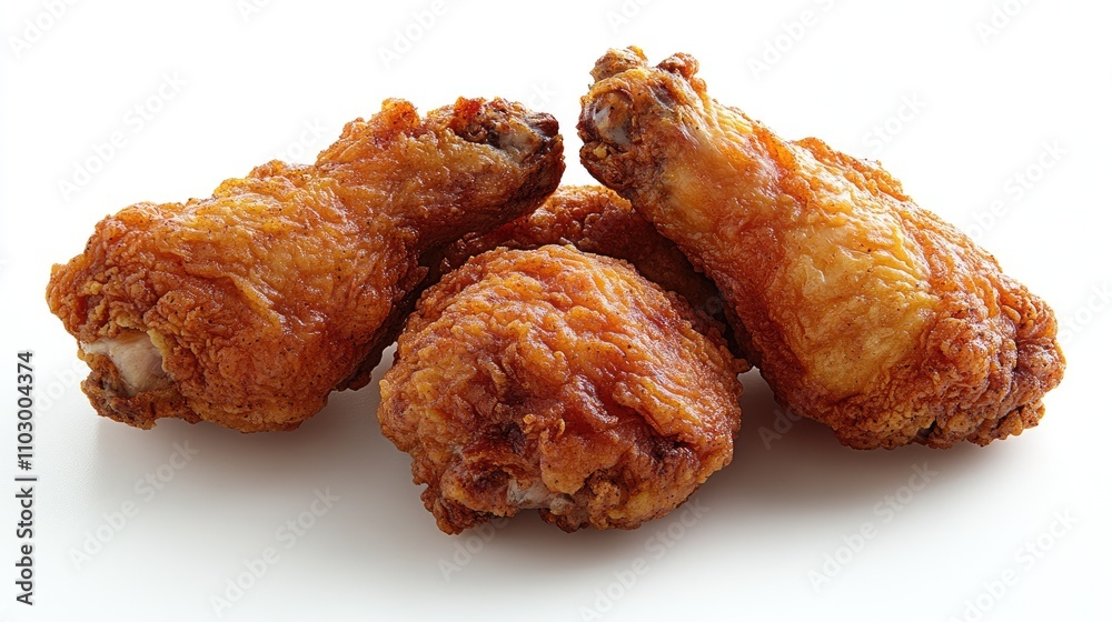 Crispy fried chicken pieces arranged on a clean white background for food advertising and culinary presentations Crispy fried chicken pieces arranged on a clean white background for food advertising and culinary presentations
