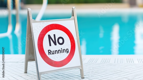 Close-up of a swimming pool warning sign with a red and white 