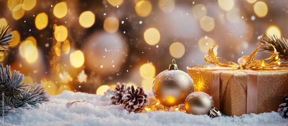 Festive New Year celebration with shimmering ornaments and snow-covered gifts creating a warm holiday atmosphere in a soft bokeh backdrop Festive New Year celebration with shimmering ornaments and snow-covered gifts creating a warm holiday atmosphere in a soft bokeh backdrop