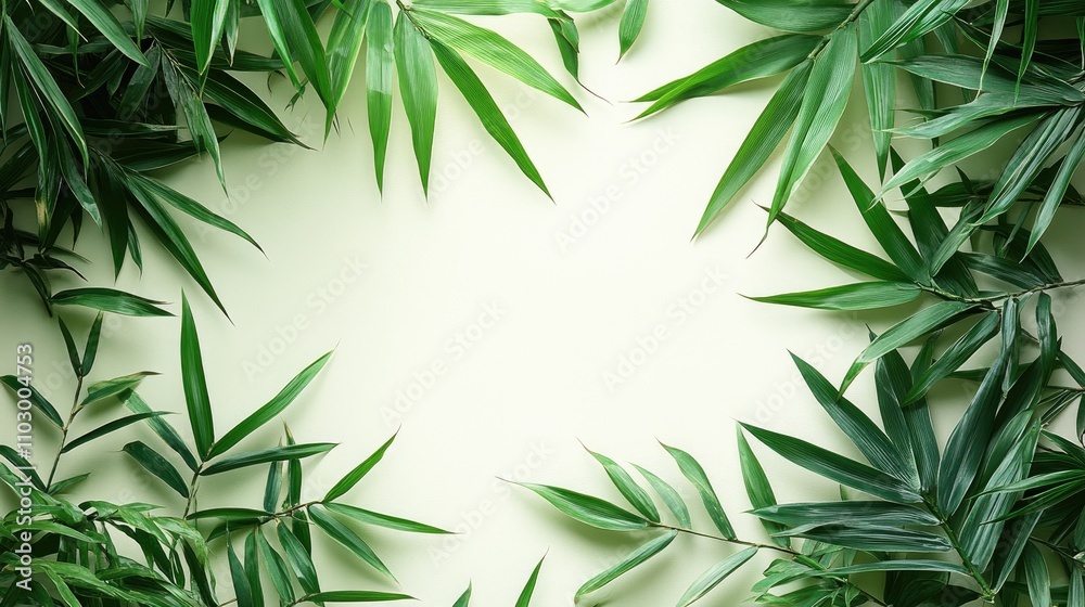 Obraz premium Bamboo leaves arranged in a lush frame on a soft light background creating a serene natural aesthetic for design projects
