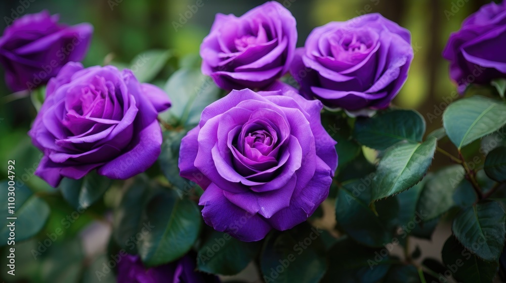 Vibrant violet grandiflora roses in bloom surrounded by lush greenery creating a striking floral composition for garden inspiration Vibrant violet grandiflora roses in bloom surrounded by lush greenery creating a striking floral composition for garden inspiration