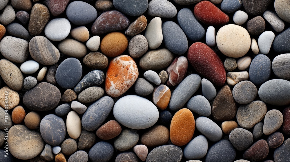 Decorative smooth stones and pebbles arranged in a natural pattern for landscaping and home decor uses Decorative smooth stones and pebbles arranged in a natural pattern for landscaping and home decor uses