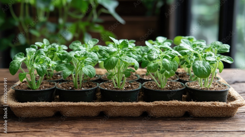 Tomato seedlings growing in biodegradable pots on wooden table for sustainable agriculture and gardening practices. Tomato seedlings growing in biodegradable pots on wooden table for sustainable agriculture and gardening practices.