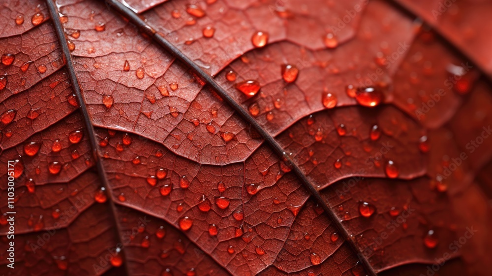 Fototapeta premium Close-up of a red leaf with water droplets highlighting the intricate texture and details of the surface.