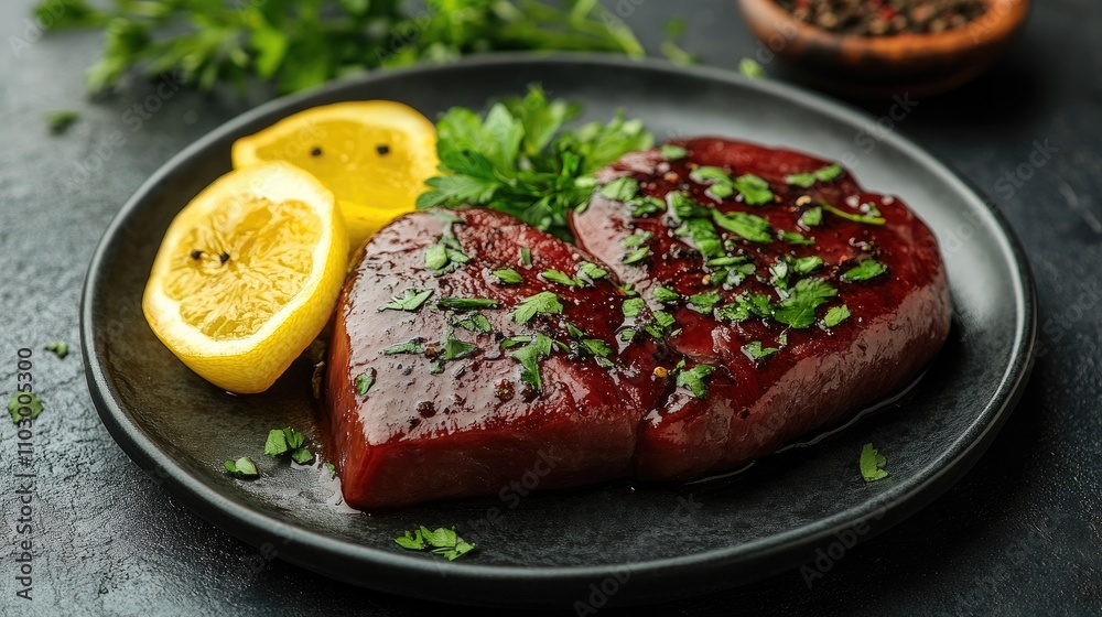 Raw liver with fresh herbs and lemon slices on a black plate garnished with parsley on textured background Raw liver with fresh herbs and lemon slices on a black plate garnished with parsley on textured background