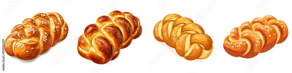 Flat style illustration of braided challah bread, isolated on white background. Mix Collection PNG. Flat style illustration of braided challah bread, isolated on white background. Mix Collection PNG.