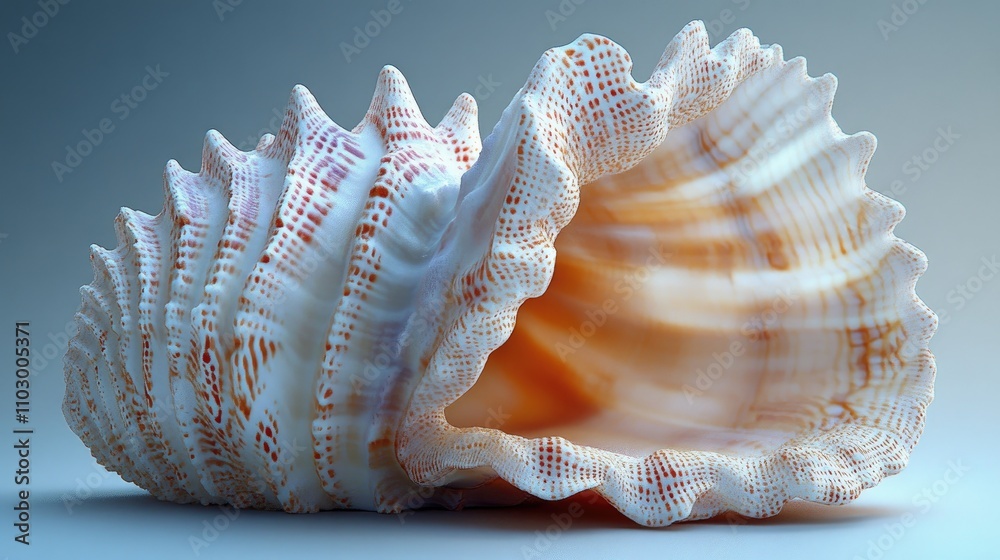 Detailed close-up of a beautiful isolated white sea shell showcasing intricate textures and patterns against a soft gradient background. Detailed close-up of a beautiful isolated white sea shell showcasing intricate textures and patterns against a soft gradient background.